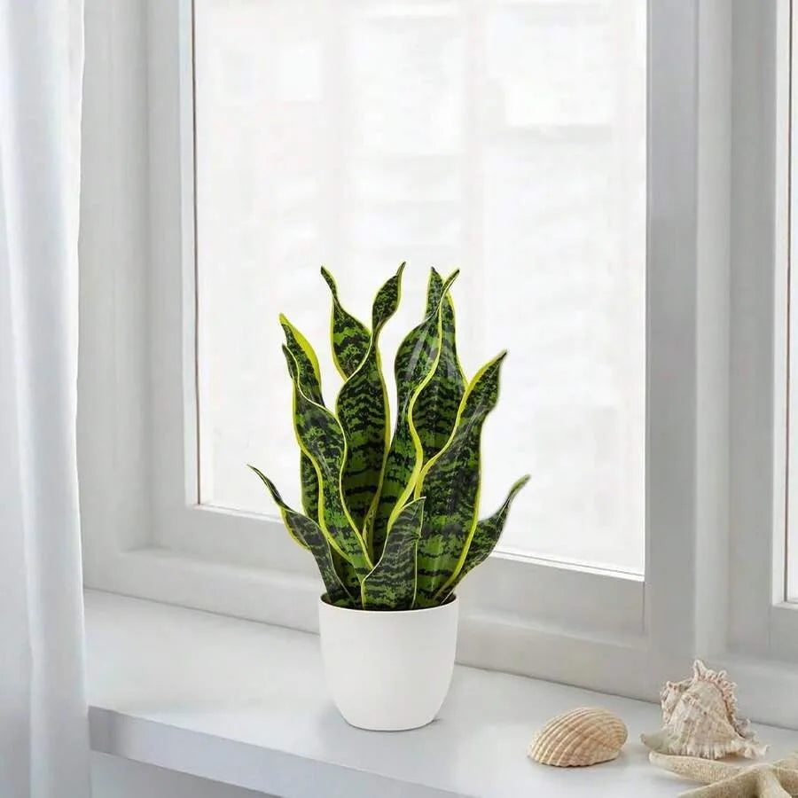 Artificial Snake Plant in White Pot – Faux Sansevieria Trifasciata Indoor Potted Plant for Home, Office, Bedroom & Modern Décor