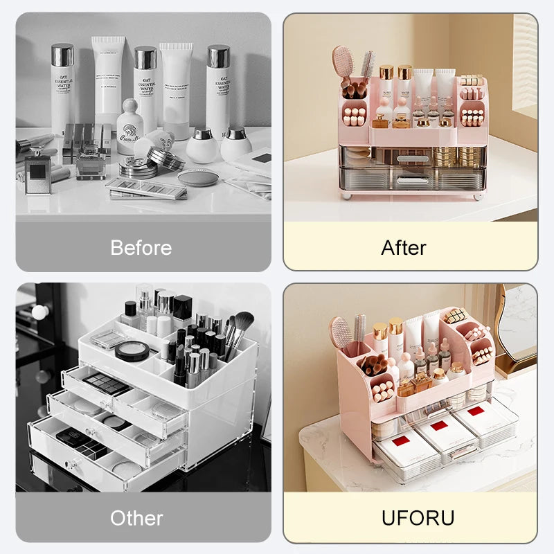 Large Capacity Makeup Organizer with Mirror & Drawers – Multi-Layer Cosmetic Storage Box for Vanity, Bathroom & Bedroom