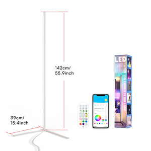 Modern RGB smart LED corner floor lamp with app control and remote for living room, bedroom, and gaming room ambient lighting