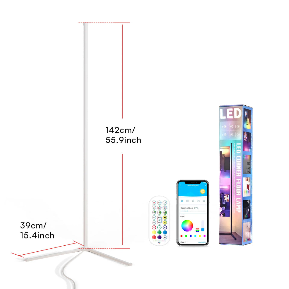 Modern RGB smart LED corner floor lamp with app control and remote for living room, bedroom, and gaming room ambient lighting