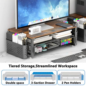 2-Tier Monitor Stand Riser with Drawer & Pen Holders – Wood & Metal Desktop Organizer for Laptop, Computer & Office Desk